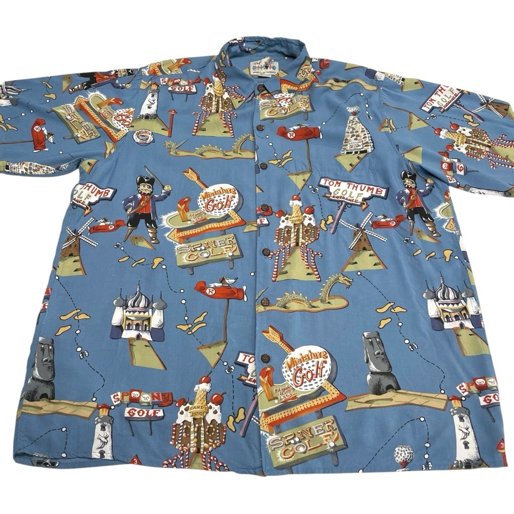 Reyn Spooner Mens Hawaiian Aloha Shirt Sz M Tom Thumb Miniature Golf Candy Cane